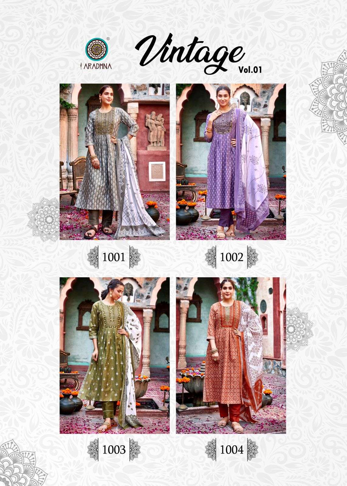 VINTAGE VOL 1 COTTON FOIL PRINT FANCY EMBROIDERY WORK KURTI WITH PANT DUPATTA BY ARADHNA BRAND INDEX1